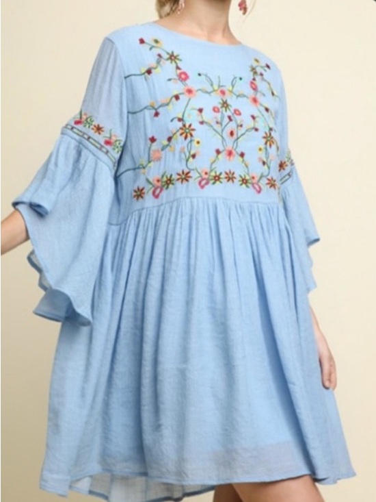 Umgee Dresses & Skirts - Umgee Blue Floral Boho Embroidered Size Large Babydoll Dress Cotton Blend